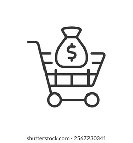 Purchasing, icon in line design. Purchasing, shopping, buying, transaction, payment, checkout, commerce on white background vector. Purchasing editable stroke icon