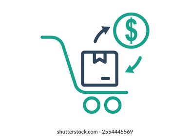 Purchasing icon. line icon style. shopping cart with product and dollar. icon related to procurement. procurement management elements vector illustration