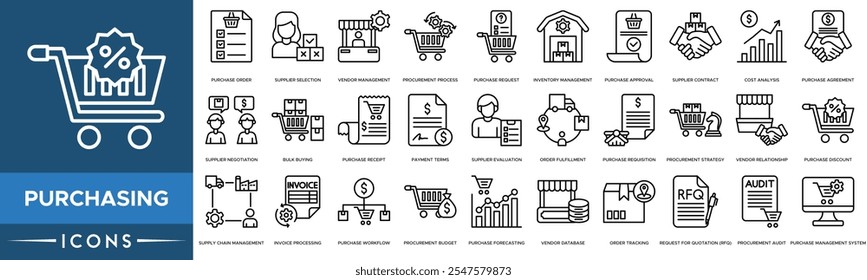 ícone Compra. Ordem de Compra, Seleção de Fornecedor, Gerenciamento de Fornecedor, Processo de Aquisição e Solicitação de Compra