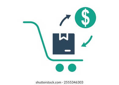 Purchasing icon. solid icon style. shopping cart with product and dollar. icon related to procurement. procurement management elements vector illustration