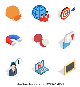 Purchasing icons set. Isometric set of 9 purchasing vector icons for web isolated on white background