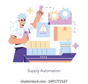 Purchasing Innovation concept. Person optimizing supply chain with digital tools. Automated procurement process boosts efficiency. Vector illustration.