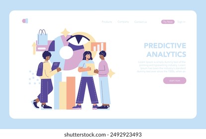 Purchasing Innovation concept. Professionals discuss over analytics data, strategizing business growth on a website interface. Vector illustration.