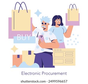 Purchasing Innovation concept. Two people with shopping bags celebrate advancements in electronic procurement. Digital shopping trend evolution. Vector illustration.