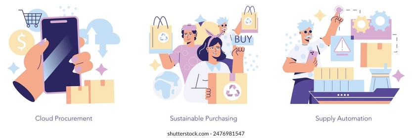 Compras Juego de innovación. Transformación digital en compras con tecnología en la nube, prácticas de compra respetuosas con el medio ambiente y cadena de suministro automatizada. Ilustración vectorial.