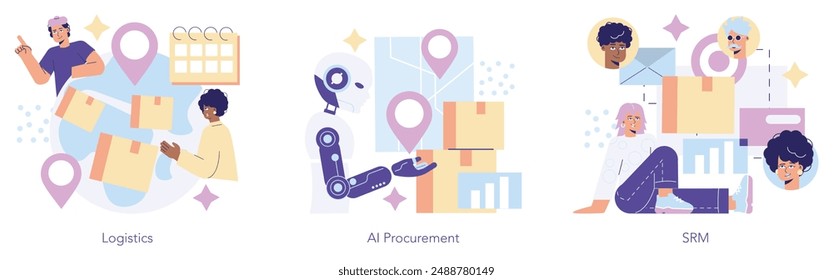 Purchasing innovation set. Logistics, AI procurement, and SRM strategies in modern business. Global supply chain, futuristic tech integration, supplier relationship. Vector illustration.