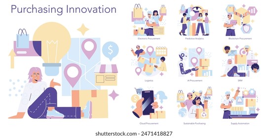 Compras Juego de innovación. Métodos modernos de adquisición que incluyen IA, blockchain y análisis predictivo. Gestión eficiente de la cadena de suministro y logística digitalizada. Ilustración vectorial.