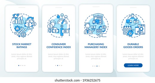 Purchasing manager index onboarding mobile app page screen with concepts. Durable goods orders walkthrough 4 steps graphic instructions. UI vector template with RGB color illustrations