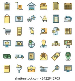 Purchasing manager sell icons set. Outline set of purchasing manager sell vector icons thin line color flat on white