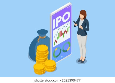 Ao adquirir novas ações durante uma OPI, o investidor explora o potencial do rendimento passivo e do retorno sobre o investimento nos mercados financeiros. Investimentos isométricos em novas ações e conceito de IPO