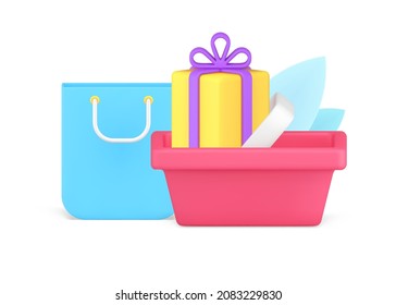 Purchasing presents and goods in shopping basket preparation to seasonal holiday congrats 3d icon isometric vector illustration. Black friday, sale, discount buying enjoying shopaholism isolated