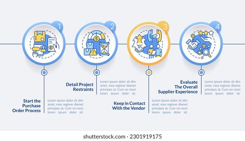 Purchasing process flow circle infographic template. Project constraints. Data visualization with 4 steps. Editable timeline info chart. Workflow layout with line icons. Lato-Bold, Regular fonts used