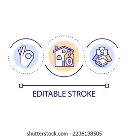 Purchasing real estate loop concept icon. Mortgage loan abstract idea thin line illustration. Property rental contract. Buying house. Isolated outline drawing. Editable stroke. Arial font used