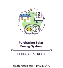 Icono de concepto de sistema de energía solar de compra. Uso práctico de paneles solares idea ilustración de línea delgada. No hay necesidad de electricidad. Dibujo de color RGB con contorno aislado del vector. Trazo editable