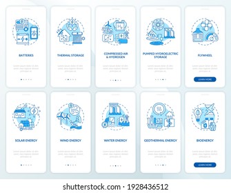 Purchasing solar energy system onboarding mobile app page screen with concepts set. Wind and water energy walkthrough 5 steps graphic instructions. UI vector template with RGB color illustrations