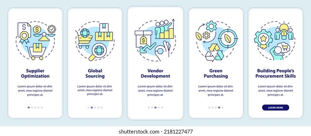 Purchasing strategies onboarding mobile app screen. Optimization walkthrough 5 steps editable graphic instructions with linear concepts. UI, UX, GUI template. Myriad Pro-Bold, Regular fonts used