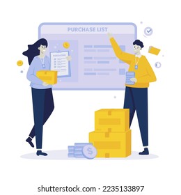 Equipo de compras con diseño de ilustración plana de lista de compras corporativa