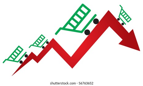 Purchasing trends during a recession, illustration with graph and shopping cart