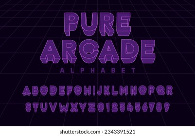 Alfabeto retro premium de arcada puro con colores violeta violeta. Fuente de neón vectorial 3d. Elementos de texto basados en estilos gráficos retrowave, synthwave, videogame. Typeface basada en 80, 90 e y2k