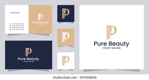 Pure beauty women hair salon logo with letter p and business card design