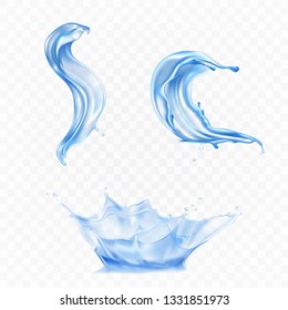 Pure blue water frozen motion crown splash and twisted swirls with drops 3d realistic vector set isolated on transparent background. Clear freshwater dynamic design elements collection. Natural aqua