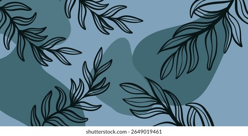 Pure blue-blue background with blue shapes and soft leaves. Gray-blue palette with muted plant composition.