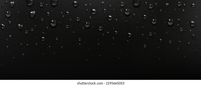 El agua clara y pura cae sobre fondo negro. Gotas de lluvia transparentes, vapor, niebla o vapor condensación en superficie mojada, rocío o lluvia, ilustración vectorial realista