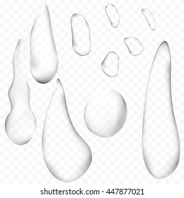 Pure clear water drops or raindrops realistic set isolated. vector 3d illustration. transparent.