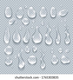 Pure clear water drops realistic isolated set. Vector illustration