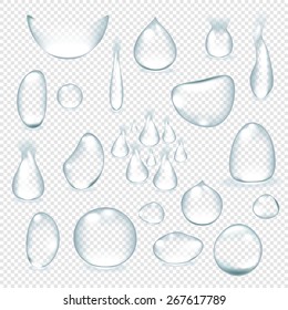 Pure clear water drops realistic set isolated vector illustration art