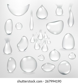 Pure clear water drops realistic set isolated vector illustration art grey
