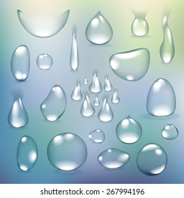 Pure clear water drops realistic set isolated vector illustration art blue
