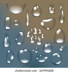 Pure clear water drops realistic set isolated vector illustration art brown blue