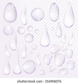 Pure clear water drops realistic set isolated vector illustration art