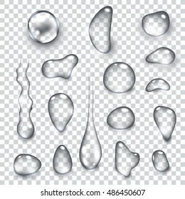 Pure clear water drops realistic set isolated vector illustration