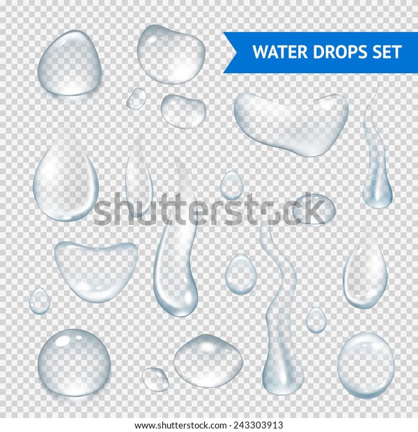 Pure clear water drops realistic set\
isolated vector\
illustration