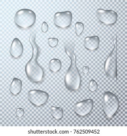 Pure and clear water drops set realistic vector illustration isolated on transparent background