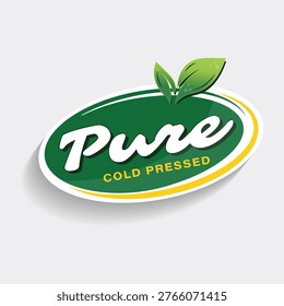 Pure cold pressed juice label with green leaf graphics for premium organic drink product branding