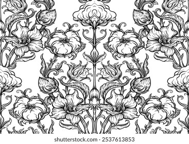 Pure cotton Seamless pattern, background. Vector illustration. In botanical art nouveau style, vintage, old, retro style.