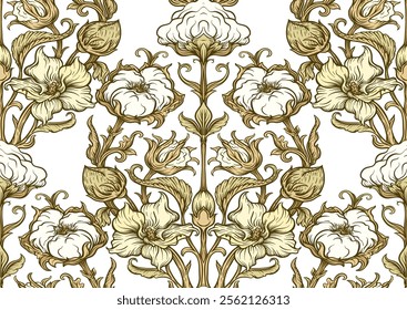 Pure cotton Seamless pattern, background. Vector illustration. In botanical art nouveau style, vintage, old, retro style.