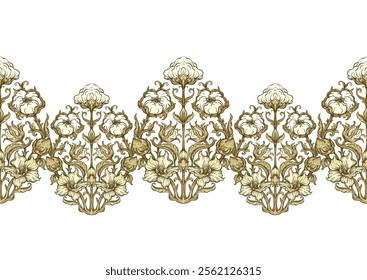 Pure cotton Seamless pattern, background. Vector illustration. In botanical art nouveau style, vintage, old, retro style.