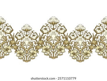 Pure cotton Seamless pattern, background. Vector illustration. In botanical art nouveau style, vintage, old, retro style.