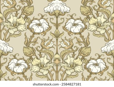 Pure cotton Seamless pattern, background. Vector illustration. In botanical art nouveau style, vintage, old, retro style.