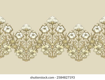 Pure cotton Seamless pattern, background. Vector illustration. In botanical art nouveau style, vintage, old, retro style.