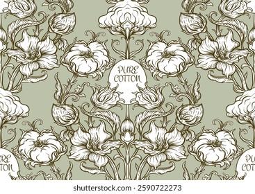 Pure cotton Seamless pattern, background. Vector illustration. In botanical art nouveau style, vintage, old, retro style.