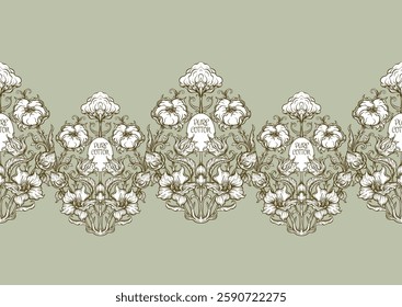 Pure cotton Seamless pattern, background. Vector illustration. In botanical art nouveau style, vintage, old, retro style.