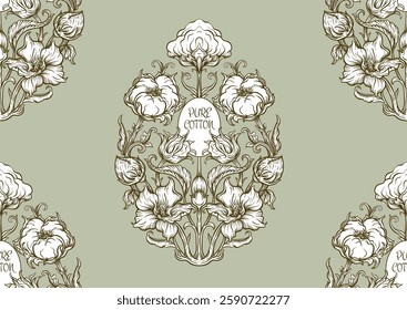 Pure cotton Seamless pattern, background. Vector illustration. In botanical art nouveau style, vintage, old, retro style.