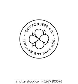 Pure Cottonseed Oil Liner labels and badges - Vector Round Icon, Sticker, Stamp, Tag Cotton Flower Isolated on White Background - Natural Organic Oil Logo.