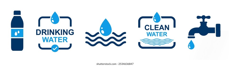 pure drinking water icon set. vector eps mineral water icons for hotel, hospital, restaurant, school, college etc place. drinkable water icons collection