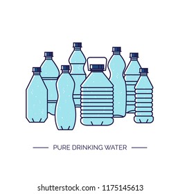Pure drinking water. Line vector illustration of a group of plastic bottles isolated on white background.